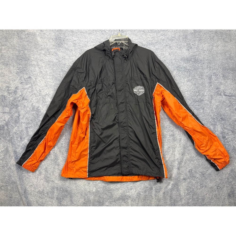 Harley-Davidson Mens L Black Orange Windbreaker Rain Gear Reflective Jacket
